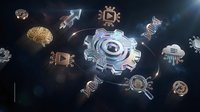 Futuristic digital illustration of interconnected biotechnology and genetic engineering symbols, including glowing DNA strands, mechanical gears, and molecular structures on dark background for science and innovation concepts.