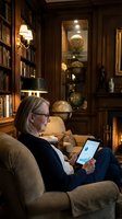 Mature woman with gray hair and glasses using tablet in luxurious home library with wooden shelving, globe collection, and warm ambient lighting for remote work and technology concepts.
