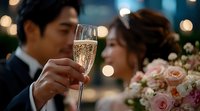Romantic moment with champagne glass at evening celebration, soft bokeh lights background, pink roses bouquet creating elegant wedding atmosphere.