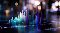 Glowing neon financial chart bars rising with colorful blue and purple light effects on dark background with bokeh. Modern data visualization concept.