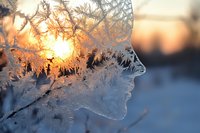 Delicate frost crystals on window glass with golden sunrise creating magical winter patterns against blurred snowy landscape background.