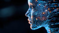Digital profile silhouette with glowing network connections and social media icons emerging from face shape, representing artificial intelligence and machine learning.