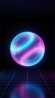 Glowing neon sphere with cyan and magenta gradient swirls, luminous orb on dark background with grid floor for futuristic design projects.