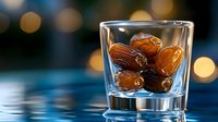 Fresh dates in clear glass with soft bokeh lights in background, elegant food photography with reflection on dark surface, moody atmospheric setting.