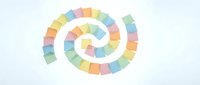 Colorful spiral made of rainbow squares forming circular pattern on white background. Modern geometric design element for creative projects and presentations.