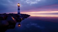 Lighthouse beacon illuminating rocky coastline at twilight with dramatic purple sky and calm water reflection for maritime navigation and coastal themes.