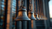 Row of ornate bronze church bells with decorative engravings hanging in sequence, captured during golden hour with soft natural lighting and shallow depth of field.