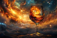 Wine glass reflecting cosmic nebula and galaxy swirls against dramatic space background with stars and colorful clouds, creative beverage photography.