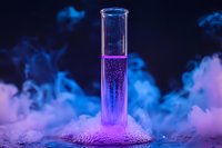 Glowing purple liquid in test tube surrounded by mystical blue smoke and fog on dark background creates magical scientific atmosphere.