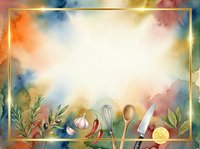 Watercolor kitchen utensils and fresh ingredients arranged on colorful abstract background with space for text, suitable for recipe blogs, cooking websites, and culinary designs.