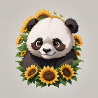 Adorable panda bear surrounded by bright yellow sunflowers and green leaves, smiling with big expressive eyes on neutral background. For children decor.