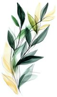 Translucent watercolor leaves in green and yellow tones on white background, creating elegant botanical art for wellness branding and home decor.