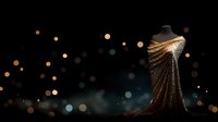 Elegant gold sequin evening gown on mannequin against dark background with bokeh lights, perfect for luxury fashion advertising.