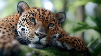 Majestic jaguar with spotted coat resting on tree branch in natural habitat, close-up portrait showing intense blue eyes and distinctive rosette markings against blurred foliage.