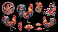 Rooster illustrations with floral elements isolated on transparent background, ready for t-shirt design, clipart, stickers, sublimation, and print-on-demand products.