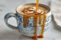 Fresh espresso pouring into handcrafted ceramic mug with blue glaze pattern, creating golden caramel drips down the side on marble surface.