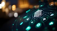 Futuristic digital interface with glowing turquoise icons and circuit patterns on dark background with bokeh lights, showcasing modern technology concept.