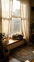 Cozy tabby cat sleeping on sunny windowsill with sheer curtains and houseplants creating peaceful home atmosphere for relaxation and comfort concepts.