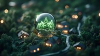 Glowing Christmas tree reflected in crystal ball over miniature winter village with illuminated houses and winding road amid evergreen forest at night.