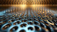 Metallic perforated surface with circular holes creating depth and perspective effect. Golden light reflection adds dramatic industrial texture and modern technological pattern.