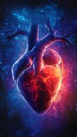 Human heart anatomy with glowing neural network connections in blue and red light for medical education and healthcare technology concepts.