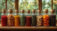 Glass jars filled with colorful spices, dried herbs, and legumes arranged in row on wooden shelf against sunlit window, creating warm kitchen atmosphere.