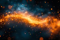 Magical glowing orange and blue cosmic background with sparkles, light trail and bokeh effect against dark starry space. Abstract galaxy design element.
