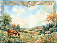 Watercolor horses grazing in a scenic countryside landscape with ornate golden Celtic frame, soft pastel tones, autumn trees, rolling hills.