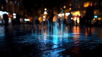 Futuristic holographic data visualization on wet city street at night with glowing blue light bars emerging from ground against blurred urban bokeh background.
