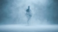 Ethereal ghostly figure emerging from dense fog and mist in a cold, atmospheric environment. Haunting apparition for horror, supernatural, and dark fantasy projects.
