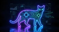 Futuristic neon cat silhouette with circuit board patterns and digital interface elements on dark technology background for cyber concepts.