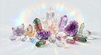Collection of colorful healing crystals and gemstones with rainbow light reflection on white background for spiritual wellness and meditation practices.