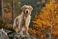 Golden retriever dog standing on rock against autumn forest background with vibrant yellow foliage, outdoor pet portrait in fall nature setting.