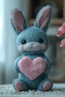 Soft plush bunny toy in turquoise knitted fabric holding pink heart, with long ears and cute embroidered face, sitting on carpet. Perfect for nursery decor.