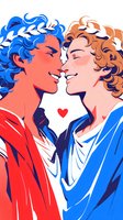 Romantic illustration of two young people with curly hair in red and blue outfits facing each other with small heart symbol between them on white background.