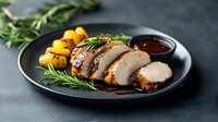 Sliced grilled chicken breast with honey glaze sauce served on black plate with roasted baby potatoes and fresh rosemary sprigs against dark background.