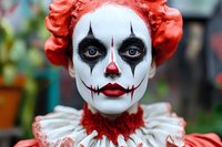 Creepy clown character with white face paint, red nose, black eye makeup and orange curly wig for Halloween costume or horror themed entertainment events.