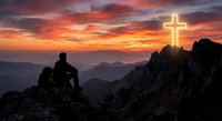 Man sitting on mountain peak contemplating glowing cross at dramatic sunset with layered hills and vibrant orange sky for spiritual reflection and faith concepts.