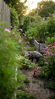 Opossum foraging in lush backyard garden with raised beds, pink flowers and wooden fence during golden hour sunset lighting for wildlife photography.