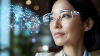 Asian businesswoman wearing glasses analyzing digital data visualization with glowing network connections and bokeh lights in modern office environment.