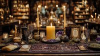 Mystical altar with candles, crystals, and vintage artifacts arranged on ornate tapestry, creating atmospheric ritual space for spiritual practices.