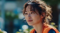 Young Asian woman with tousled hair and gentle smile wearing bright orange top against blurred natural background, perfect for lifestyle content.