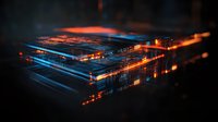 Futuristic digital network with glowing orange and blue light trails creating dynamic perspective on dark background, technology concept for business solutions.