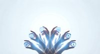 Digital hands reaching upward displaying glowing technology icons including email, cloud storage, and communication symbols on clean background.