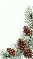 Pine branches with brown cones arranged as corner border on cream background for holiday greeting cards and seasonal design projects.