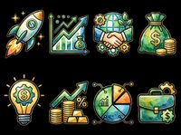 Startup business growth icons with rocket, upward arrows, global handshake, money bag, lightbulb, stacked coins, pie chart and briefcase isolated on transparent background. Ready for t-shirt design, clipart, stickers and print-on-demand projects.