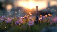 Wooden cross in meadow with purple and yellow wildflowers at sunset, bokeh light effects create spiritual atmosphere. Religious Easter or memorial concept.