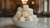 White fluffy marshmallows stacked in ceramic bowl against blurred warm background, soft focus food photography for confectionery and dessert concepts.