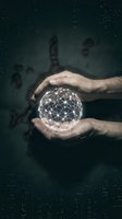 Hands of mature adult male holding glowing digital sphere with interconnected network lines against dark tech background with binary code, representing global connectivity, data protection, innovation, and digital transformation for business concepts.