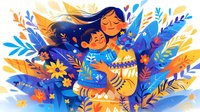 Asian mother and daughter embracing among vibrant floral elements in folk art style, expressing joy and maternal love with decorative blue and orange leaves.